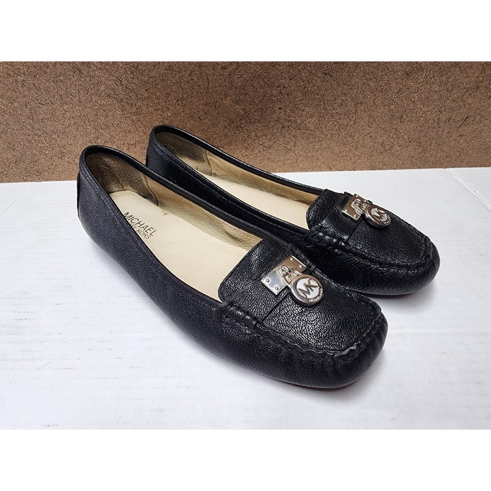 Michael Kors Hamilton Loafer Black Leather Moccasin Silver Padlock women sz 7.5